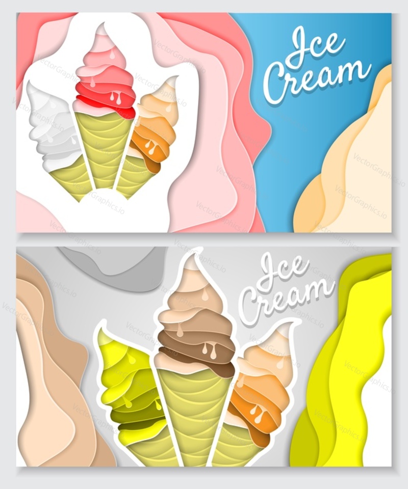 Vector paper art style ice cream horizontal banner set. Delicious ice cream cones summer food concept. Ice cream ad design templates.