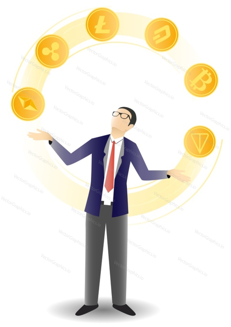 Vector illustration of businessman juggling gold coins with cryptocurrency symbols. Business and finance concept design element.