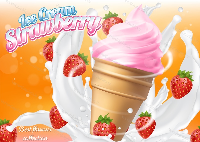 Ice cream strawberry cone dessert vector realistic illustration. Dairy product with fresh and ripe strawberry, milk splashes. Ice cream ad design template.