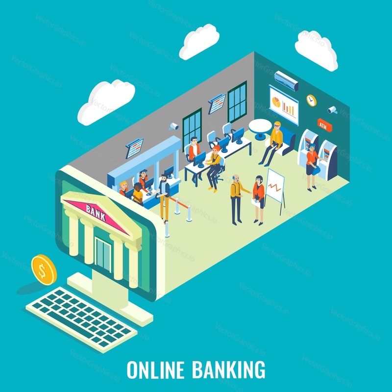 Online banking vector flat 3d isometric illustration. Desktop computer with bank building, bank employees and customers. Internet banking or electronic payment system concept design element.