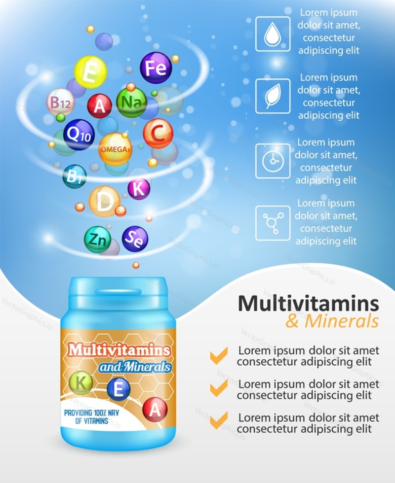Vector realistic swirl of vitamin balls, vitamin complex plastic bottle package design mockup, copy space on blue background. Multivitamins and minerals advertising poster, flyer design template.