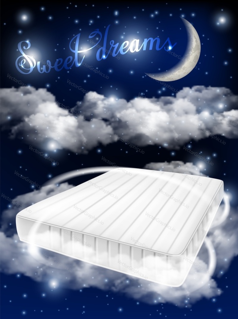 Sweet dreams concept vector realistic illustration. White mattress on moonlit sky background. Comfy mattress ad design template.