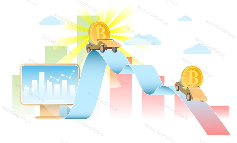 Bitcoin digital currency exchange rate concept vector realistic illustration. Cryptocurrency stock market, bitcoin price chart.