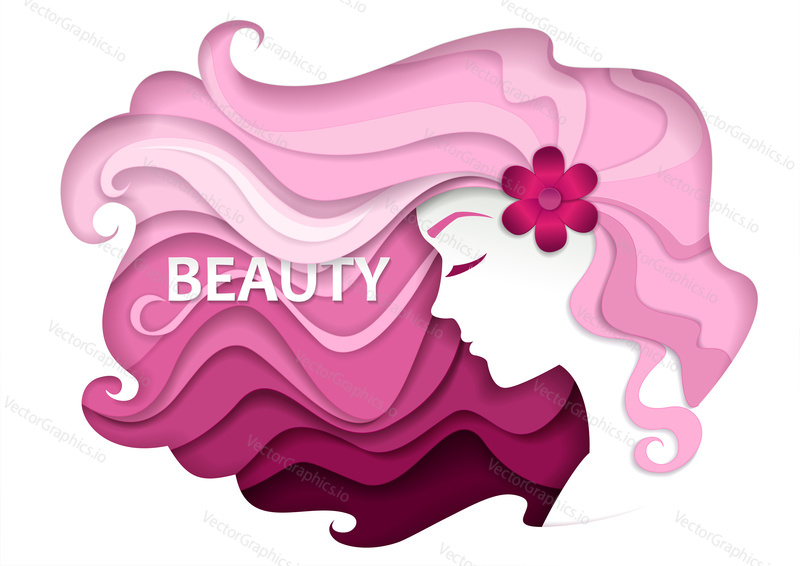 Beautiful girl with long wavy hair. Vector illustration in modern paper art style. Beauty and hair salon logo, business card design template.