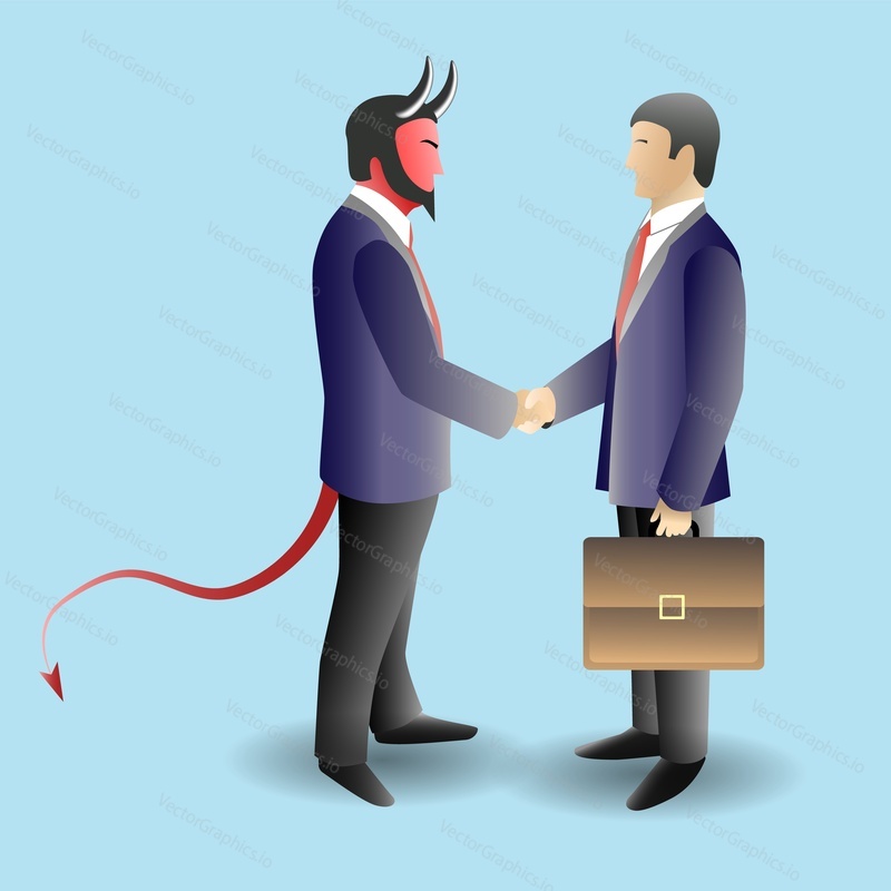 Devil deal concept vector illustration. Two businessmen shaking hands. Businessman making a deal with devil.
