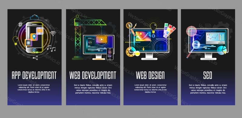 App development, web development, web design and seo concept design templates. Vector illustration for web banner, poster etc.