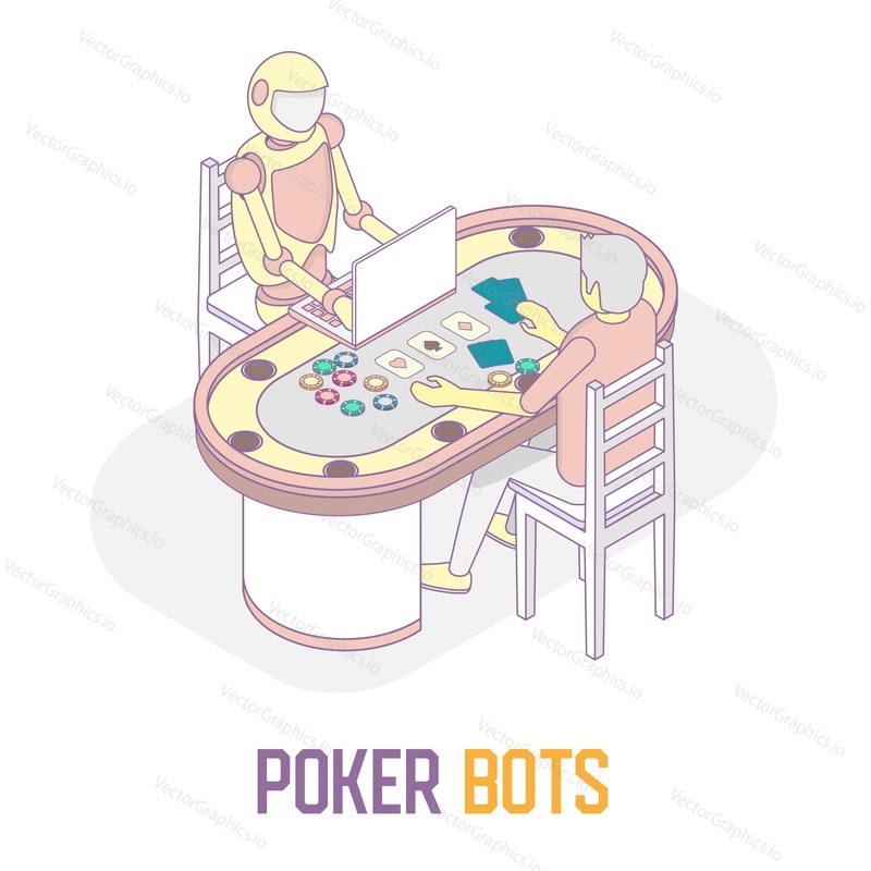 Vector isometric illustration of poker player man playing poker game with poker bot using laptop. Man vs machine poker robot concept design element.