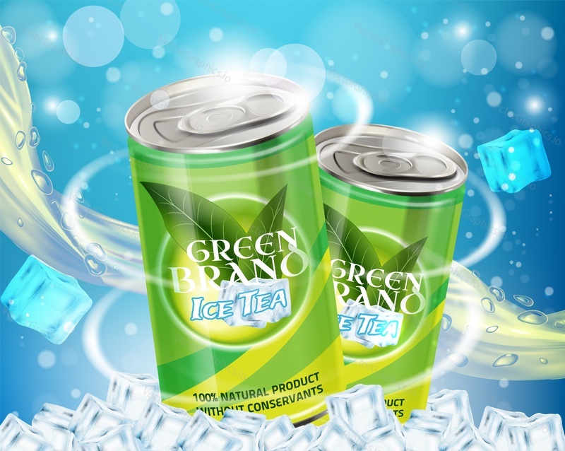Green ice tea ad vector realistic illustration. Soft drink metal can packaging design template. Green tea advertisement poster layout.