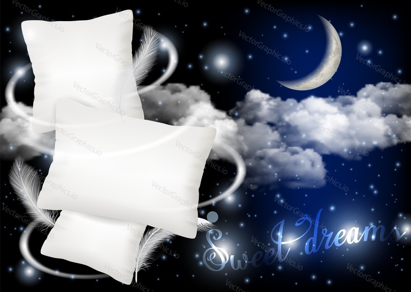 Sweet dreams concept vector realistic illustration. White pillows on moonlit sky background. Soft comfy pillows ad design template.