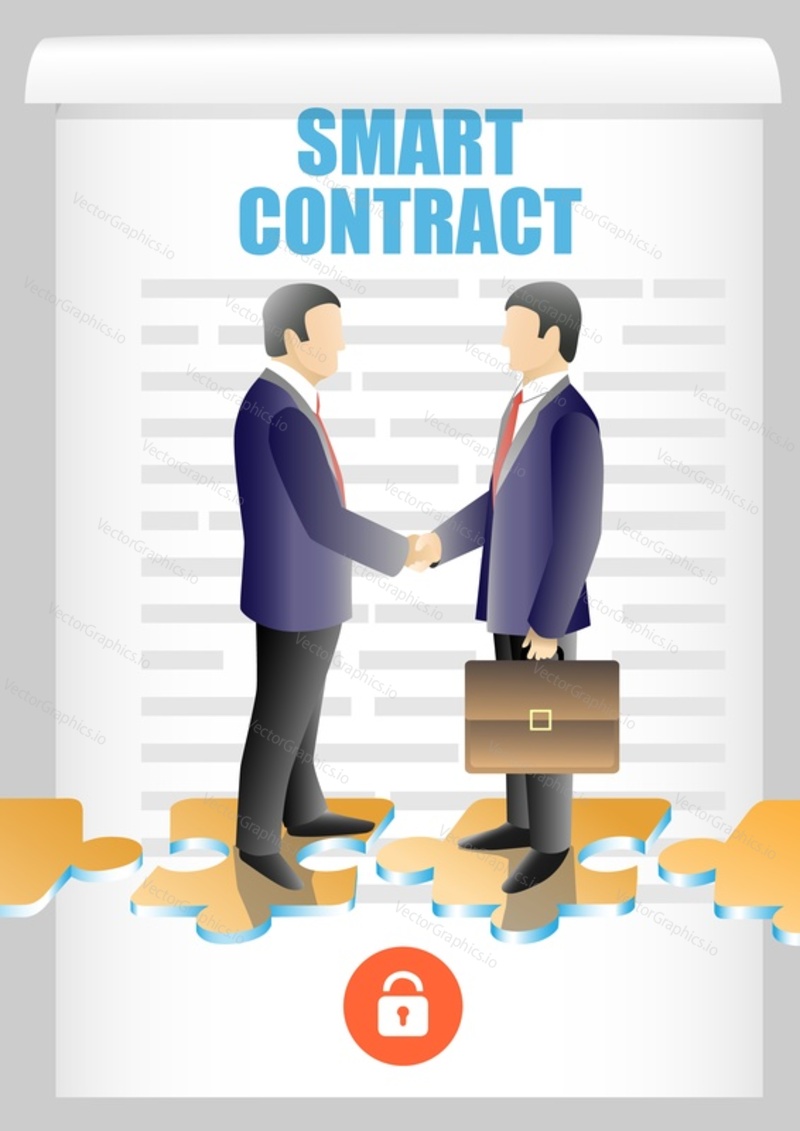 Smart contract lettering, two businessmen shaking hands. Vector illustration. Blockchain safety automated speed smart contracts concept design element.