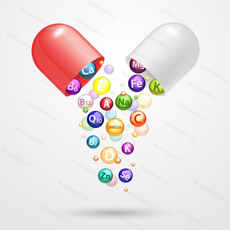 Vitamin complex pharmaceutical capsule with vitamins and minerals. Vector realistic illustration. Medical vitamins and minerals ad design element.