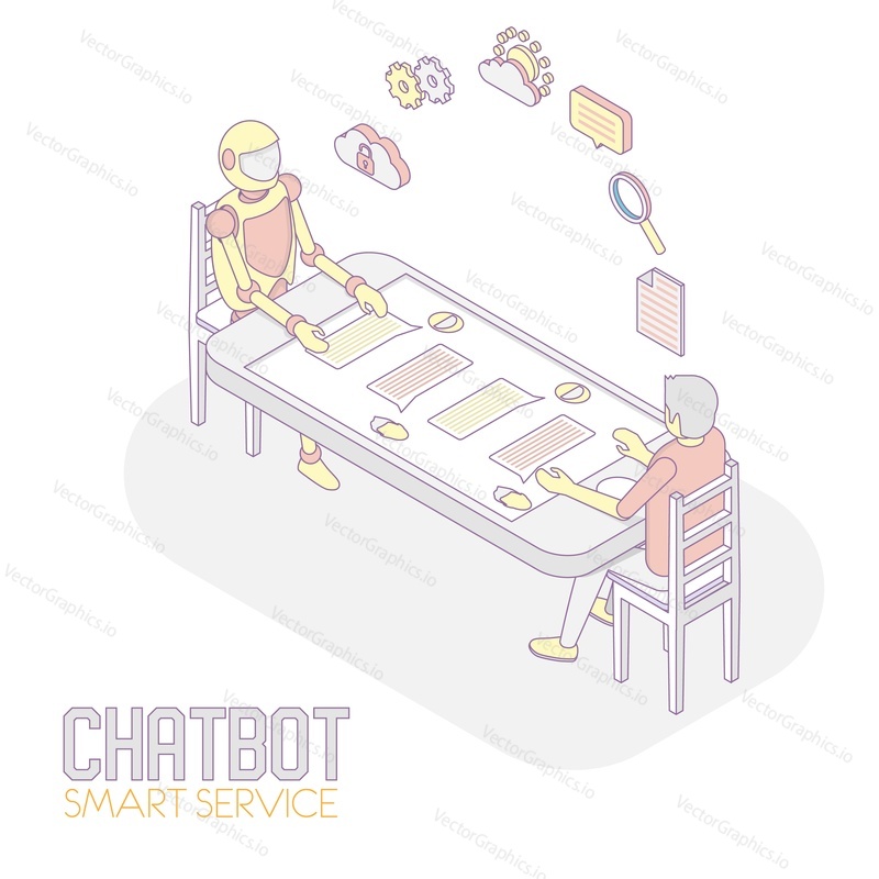 Mobile chatbot concept. Vector isometric illustration of man chatting with robot internet bot while using smartphone.