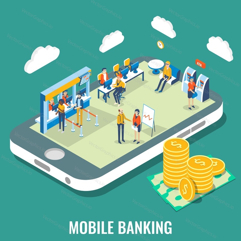 Mobile banking vector flat 3d isometric illustration. Bank employees and customers on smartphone screen. Use of mobile device to perform online banking transactions concept design element.