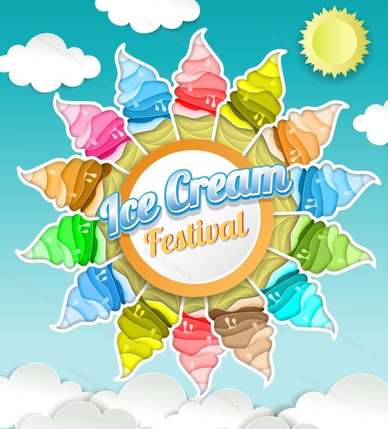 Концепция фестиваля мороженого. Векторная иллюстрация вкусных рожков мороженого в стиле бумажного искусства. Летние обои, фон, плакат, баннер, флаер, шаблон дизайна пригласительного билета.