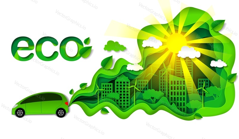 Eco friendly car vector illustration in modern paper art style.