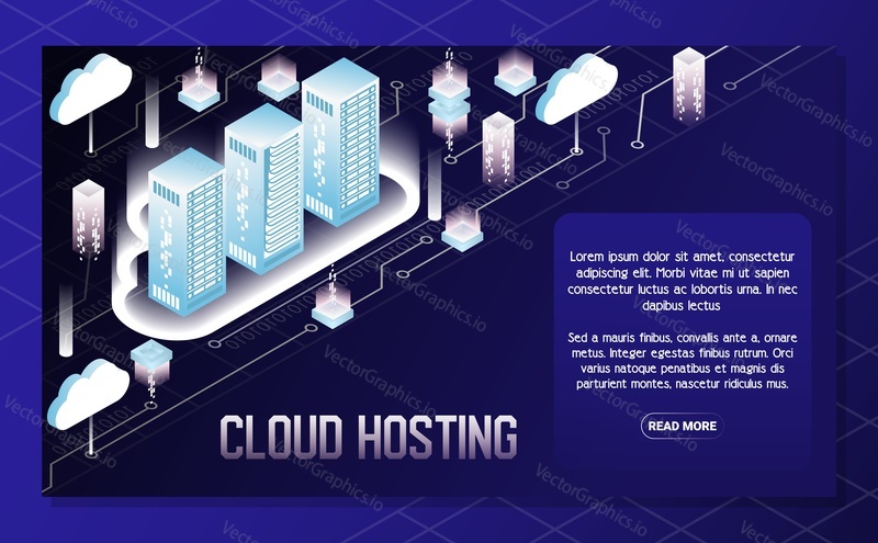 Cloud hosting poster, banner design template. Vector isometric illustration. Data center hosting server racks with clouds, copy space.