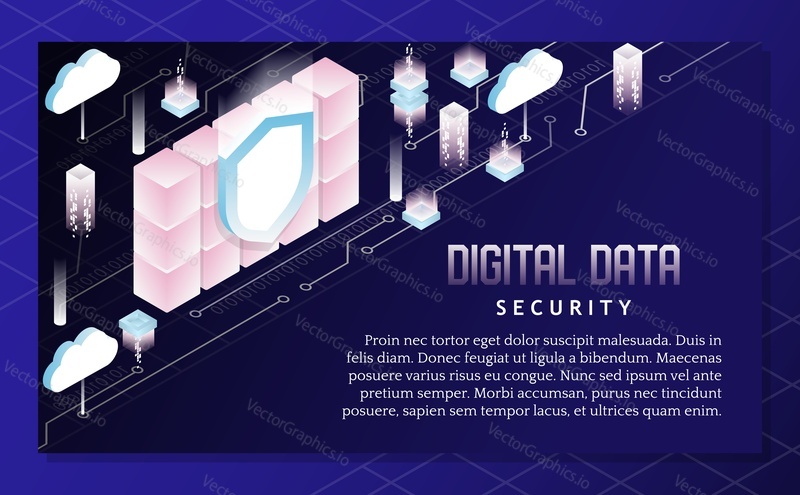 Digital data security poster, banner design template. Vector isometric illustration.
