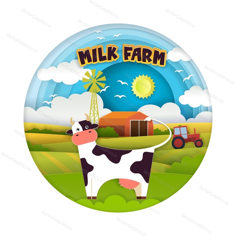Milk farm concept vector illustration in modern paper art style. Rural landscape, cow, tractor, farm in circle. Dairy farming business ad, milk products packing design template.