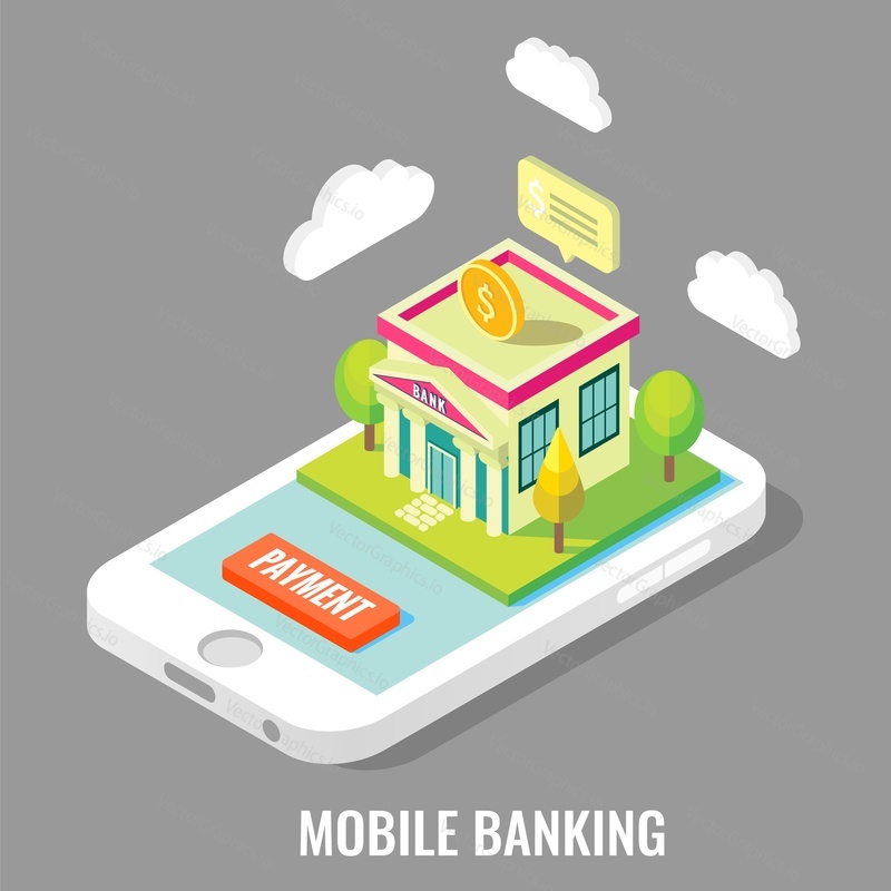 Mobile banking vector flat 3d isometric illustration. Bank building on smartphone screen. Use of mobile device to perform online banking transactions concept design element.