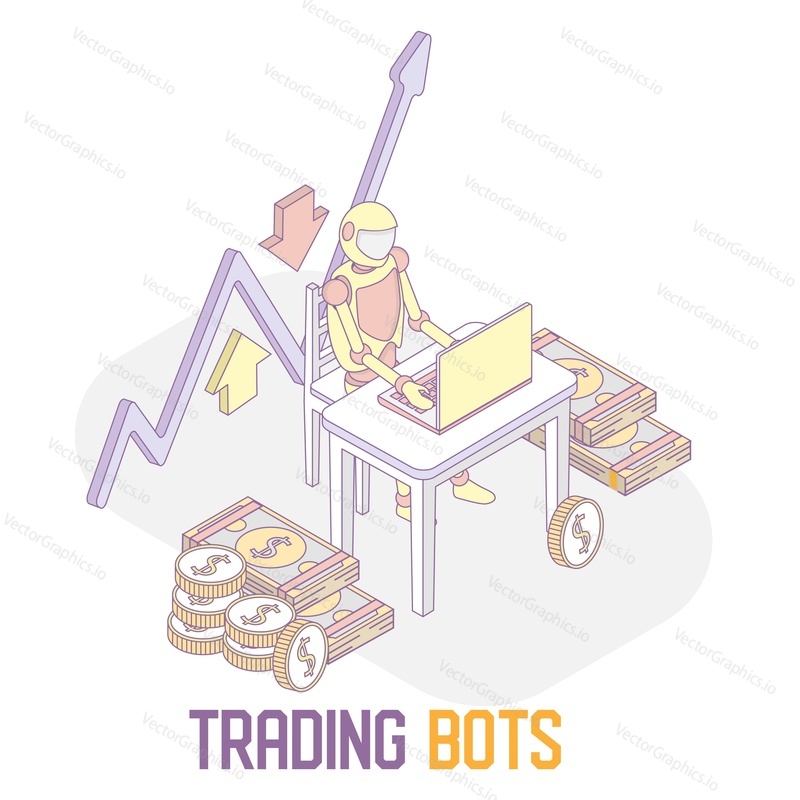 Trading bots concept. Vector isometric illustration of trading robot working in trading room using computer.