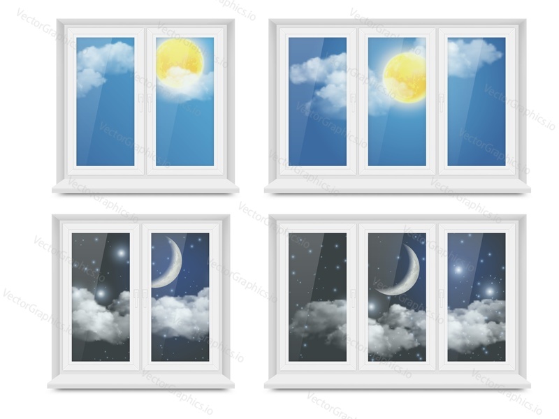 Vector set of realistic closed white plastic windows and blue day sky and moonlit night sky outside them. Realistic illustration isolated on white background.