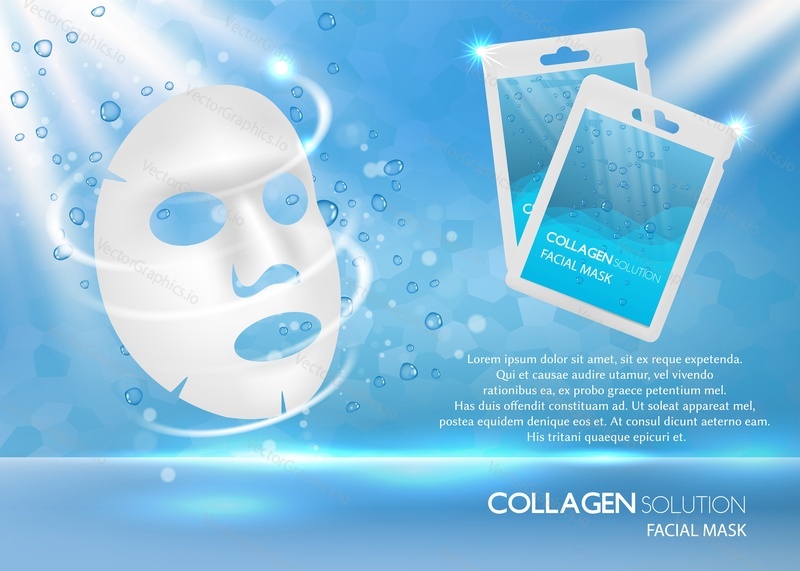 Facial mask ad. Vector realistic background with facial sheet mask, sachet mockups and copy space. Cosmetic beauty product package design template or face mask brand poster, flyer.