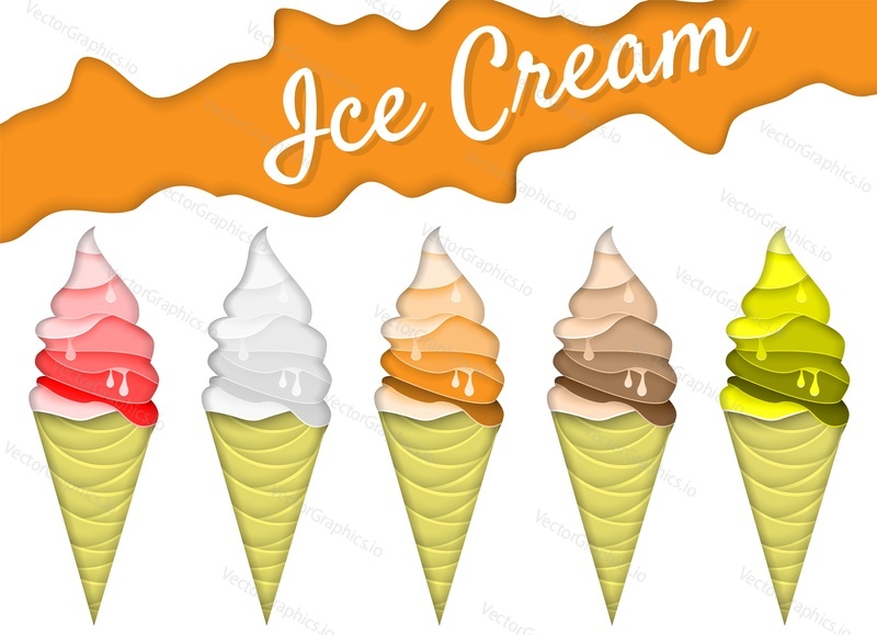 Ice cream cone icon set. Vector illustration in paper art style. Origami melting ice cream. Summer background, poster, banner, flyer design template.