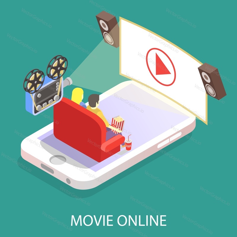 Movie online vector flat 3d isometric illustration. Couple watching movie while using smartphone.
