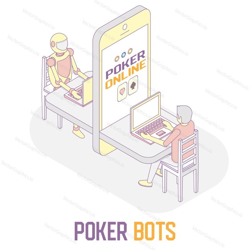 Vector isometric illustration of poker player man playing online poker game with poker bot. Man vs machine poker robot concept design element.