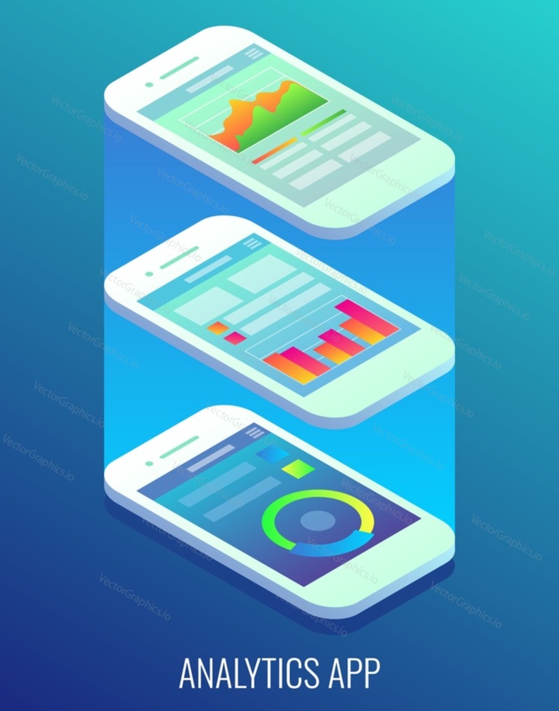 Analytics app concept vector flat isometric illustration. Smartphones with charts on screen.