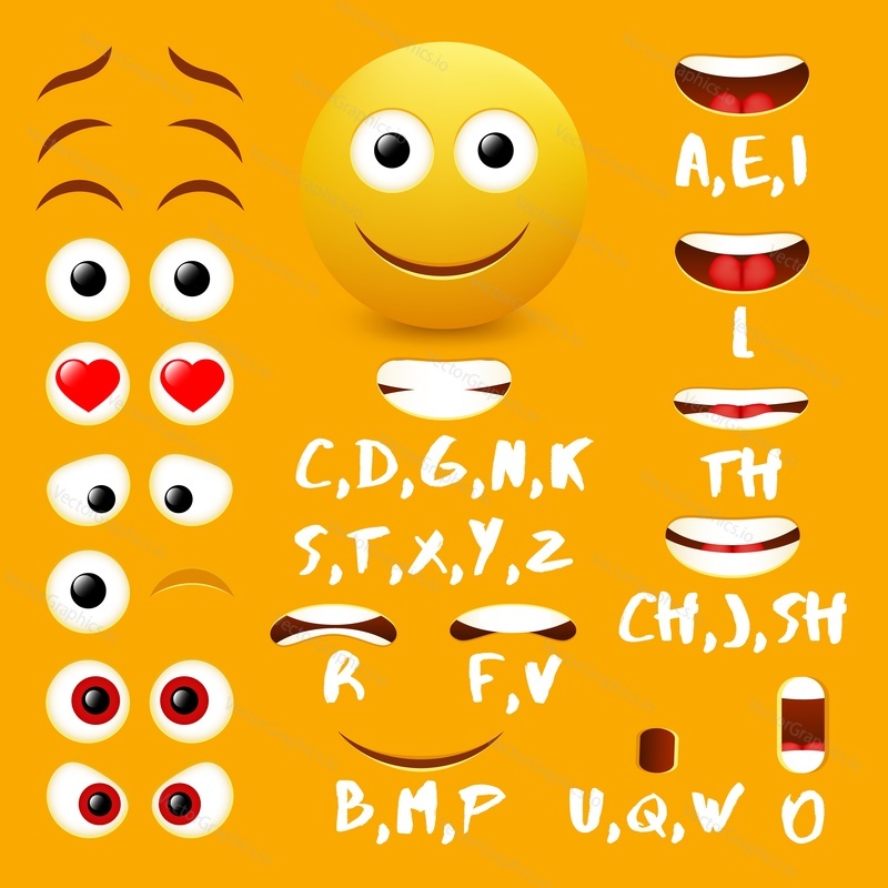 Male emoji mouth animation vector design elements. Lip sync mouth shapes for animation and eyes, eyebrows for cool smiley creation.
