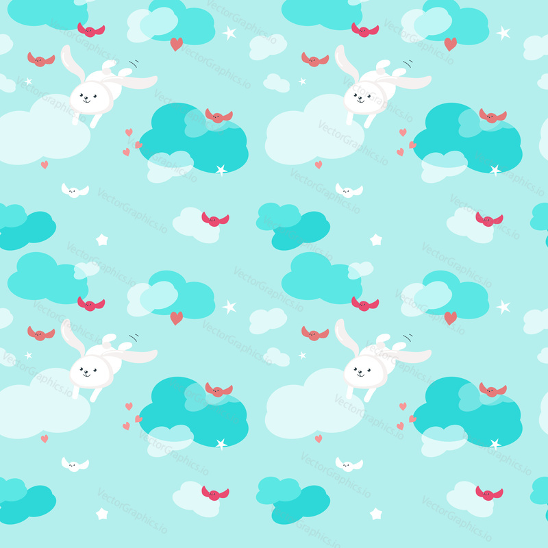 Vector seamless pattern with cute rabbits and birds flying in the sky. Funny spring animals background, wallpaper, fabric, wrapping paper.