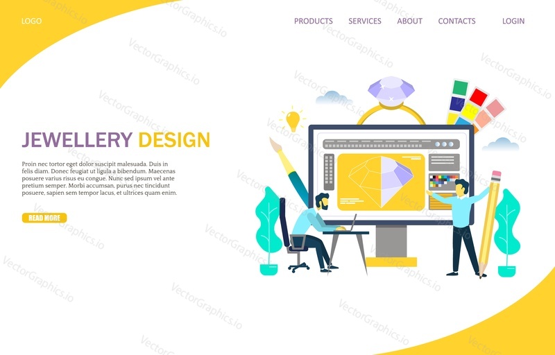 Jewellery design vector website template, web page and landing page templates for website and mobile site development. Jewelry designers creating jewellery.