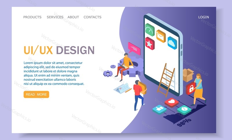 UI and UX design landing page template for website and mobile site development. Vector isometric illustration. User interface, user experience design and development services web page concept.