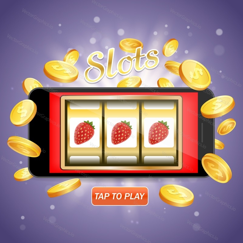 Online slots vector poster banner design template. Slot machine casino on mobile phone screen and flying golden dollar coins. Mobile slots concept.