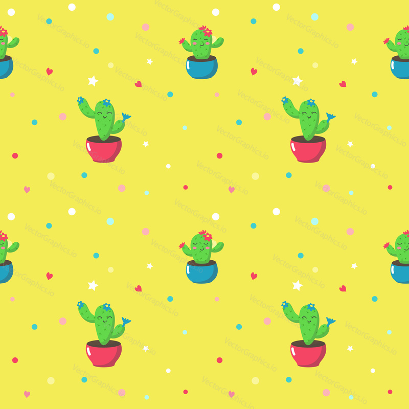 Vector seamless pattern with cute succulent kawaii cacti with funny faces in pots. Floral cactus background, wallpaper, fabric, wrapping paper.