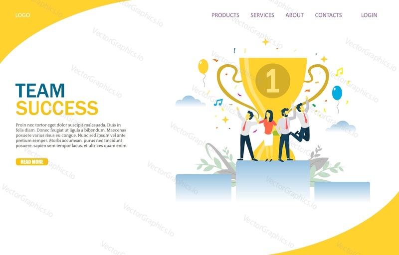 Team success vector website template, web page and landing page design for website and mobile site development. Successful business team celebrating victory with trophy cup.