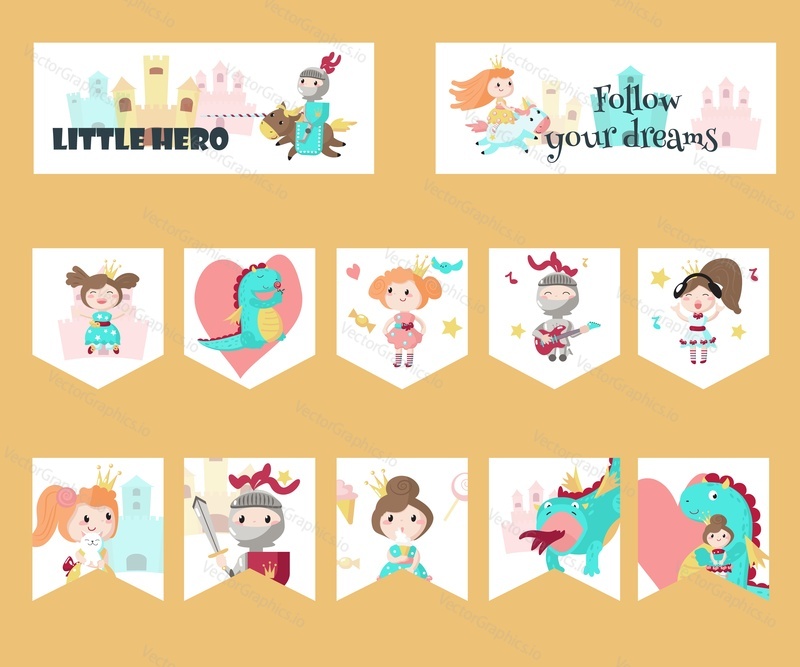 Vector set of cards, gift tags, labels, party pennant banners with fairytale medieval cartoon characters knight, princess, dragon, cute mythical unicorn and inspirational quotations.