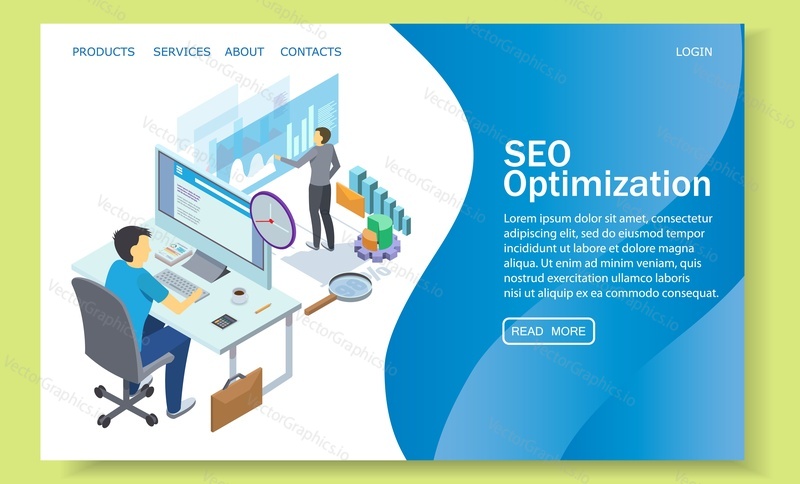 SEO optimization landing page template for website and mobile site development. Vector isometric illustration. Web analytics, Search engine optimization web page concept.
