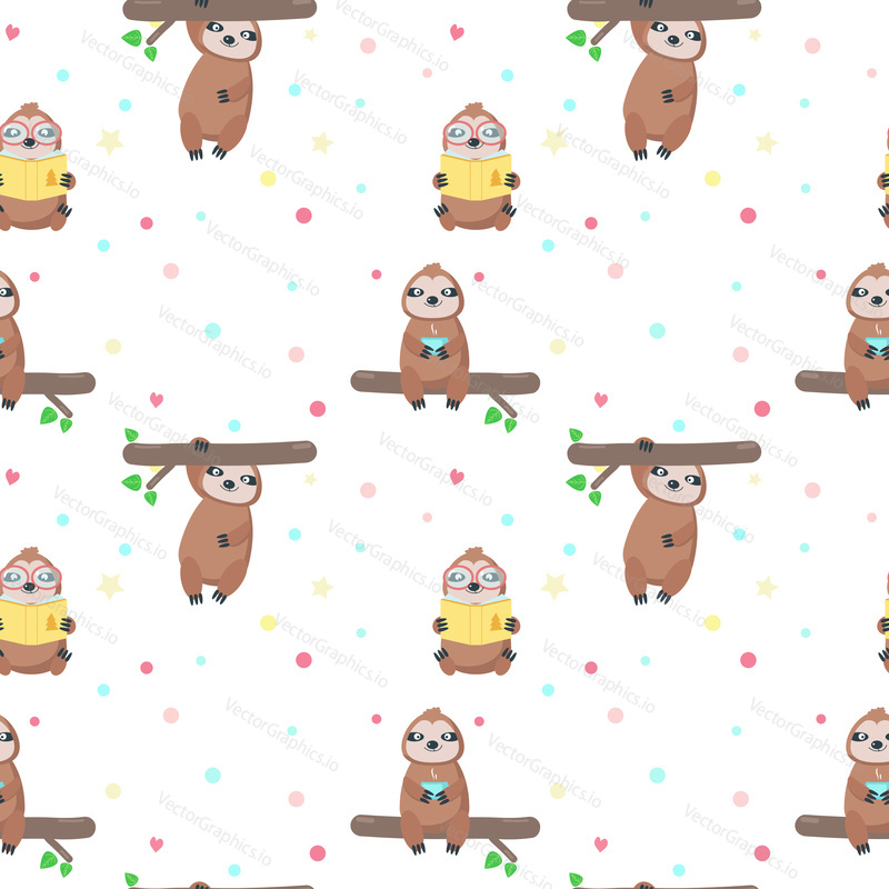 Vector seamless pattern with cute sloths hanging down from tree branch, reading book, drinking tea. Lazy jungle cartoon characters. Funny sloth background, wallpaper, fabric, wrapping paper.