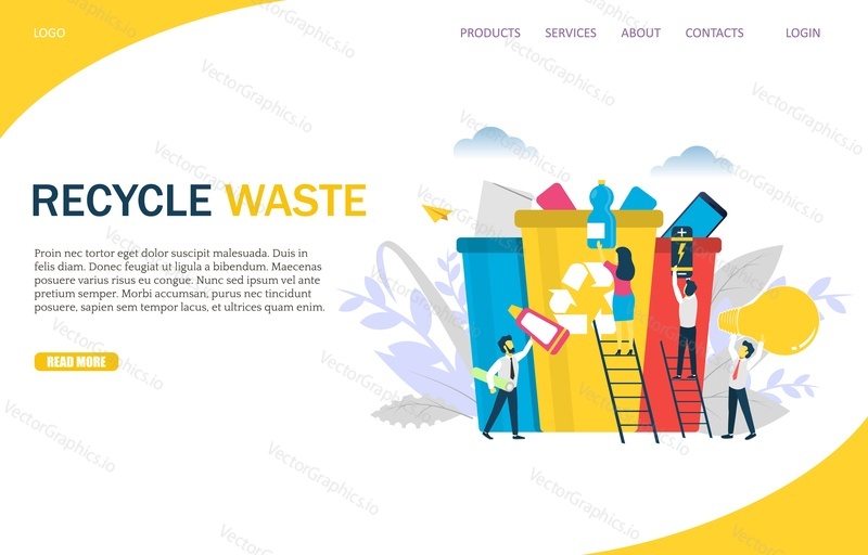 Векторный шаблон веб-сайта для переработки отходов, дизайн веб-страницы и целевой страницы для разработки веб-сайтов и мобильных сайтов. Концепция переработки мусора.