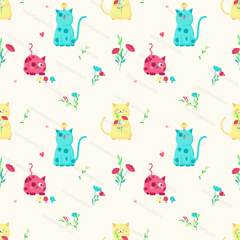 Vector seamless pattern with cute cartoon cats with spring flowers and birds. Spring cats background, wallpaper, fabric, wrapping paper.