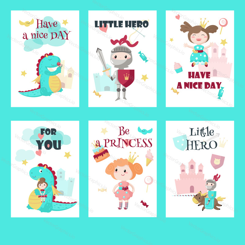 Vector set of cards, gift tags with fairytale medieval knight little hero, beautiful princess, cute mythical dragon and inspirational quotations.