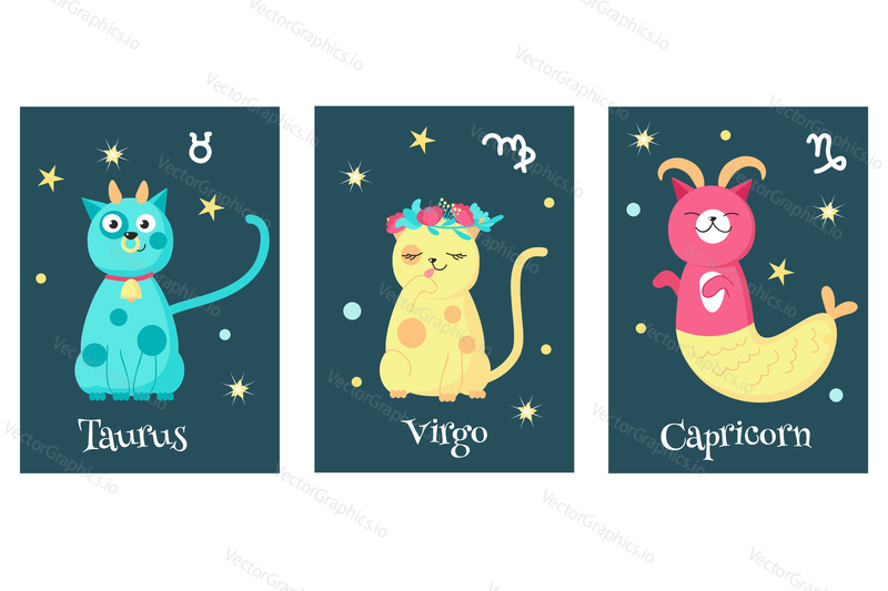 Vector set of cat astrology zodiac sign cards. Taurus, Virgo, Capricorn astrological signs. Cat horoscope.