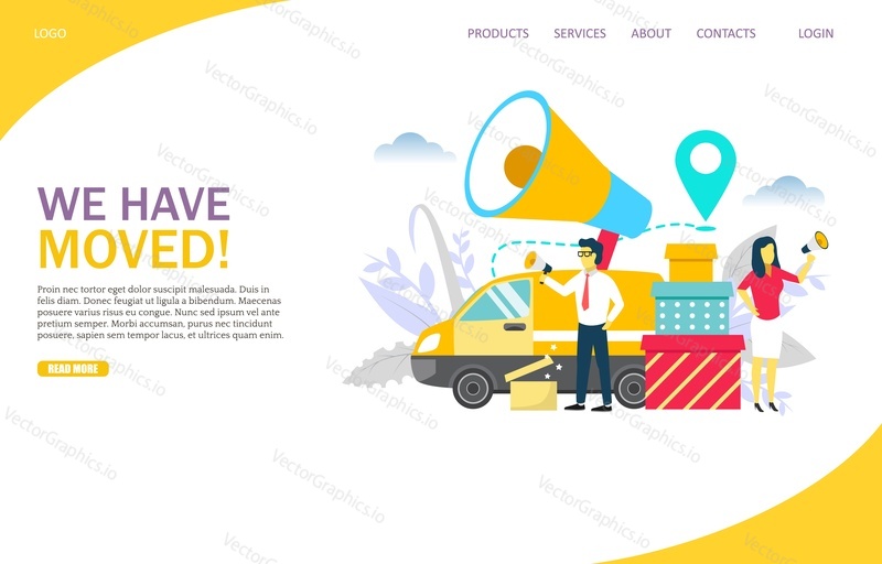 We have moved vector website template, web page and landing page design for website and mobile site development. Office relocation concept.
