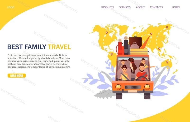 Best family travel vector website template, web page and landing page design for website and mobile site development. Family with two kids and dog traveling by car. Summer vacation concept.