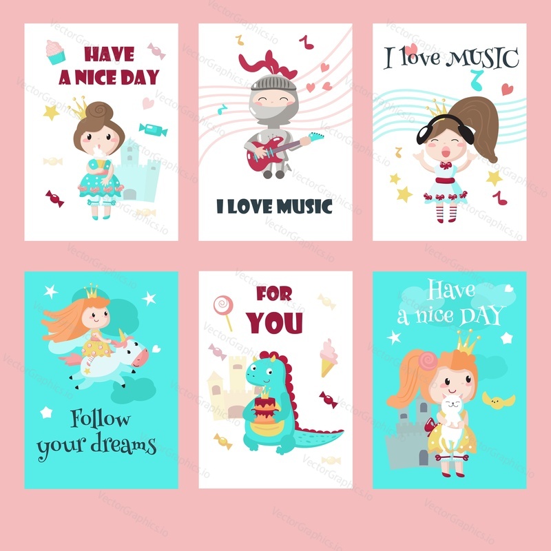 Vector set of cards with fantasy medieval knight, beautiful princess, cute mythical dragon and inspirational quotations. Fairytale middle ages cartoon characters.