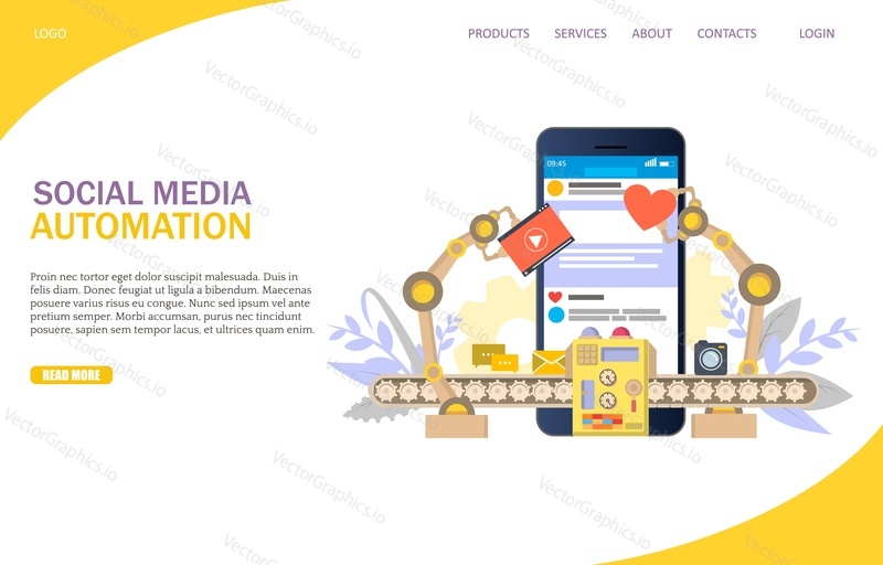 Social media automation vector website template, web page and landing page design for website and mobile site development. Marketing automation concept.