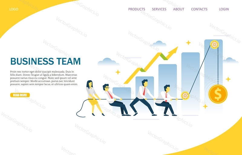 Business team vector website template, web page and landing page design for website and mobile site development. Business people pulling dollar coin on rope.