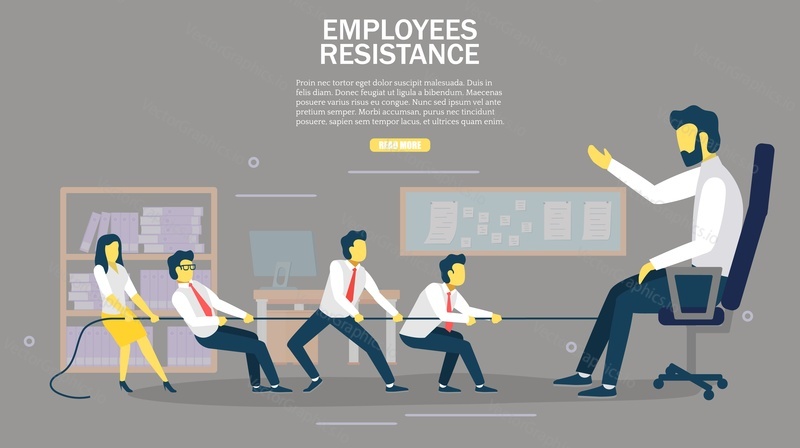 Employees resistance web banner design template. Vector illustration of office people pulling boss in chair with rope. Tug of war, corporate war concepts.